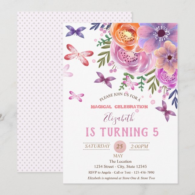 Flowers Butterflies Polka Dots Birthday Invitation (Front/Back)
