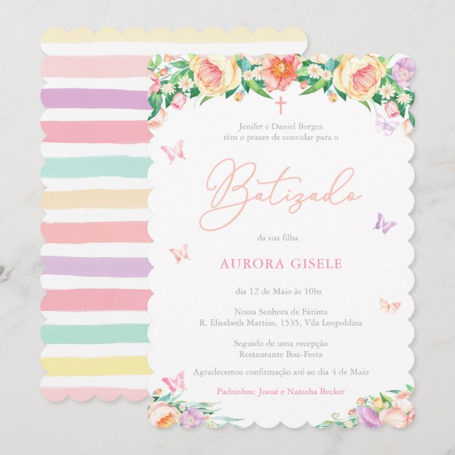 Flowers & Butterflies Portuguese Baptism Batizado Invitation (Front/Back)