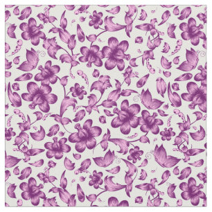 Flowers Butterflies Spring Floral Purple on White Fabric