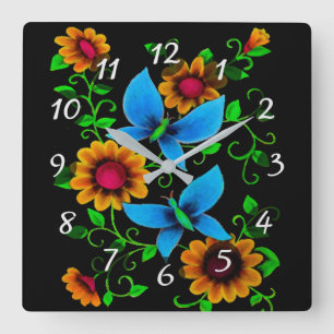 Flowers & Butterflies Square Wall Clock