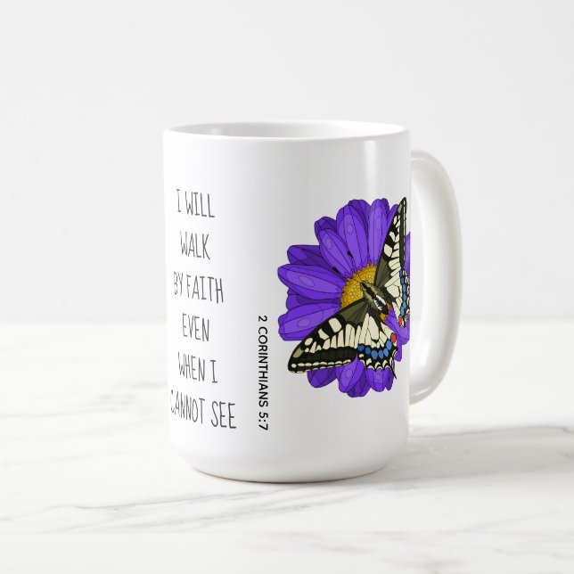 Flowers & Butterflies, w verse 2 Corinthians 5:7 Coffee Mug (Front Right)