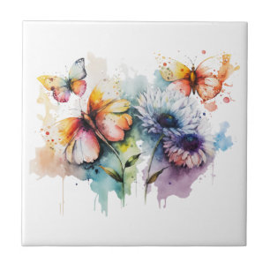 Flowers Butterflies Watercolor Purple Yellow Blue  Tile