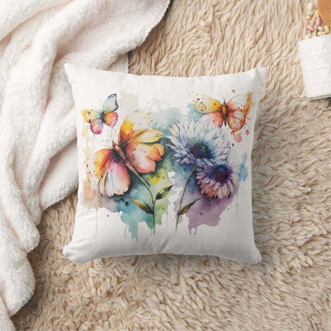 Flowers Butterflies Watercolor Yellow Blue Purple  Cushion (Blanket)