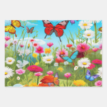 Flowers  Butterflies Wrapping Paper Sheet Set of 3