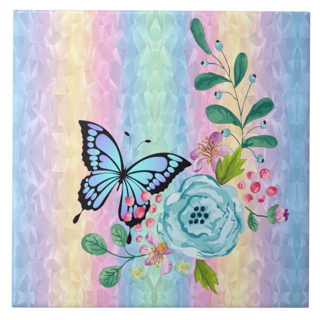 Flowers & Butterfly Ceramic Tile (Front)