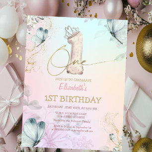 Flowers Butterfly Striped Colorful 1s Birthday Invitation