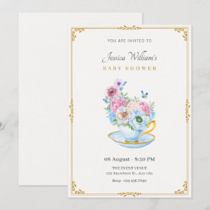 Flowers butterfly tea cup baby shower invitation
