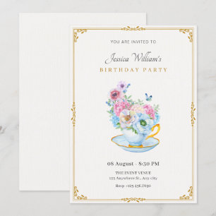 Flowers butterfly tea cup birthday invitation