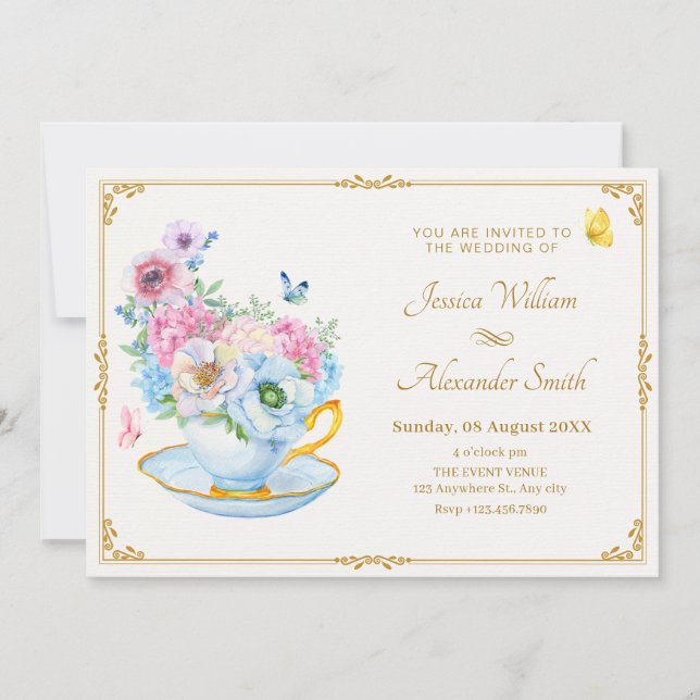 Flowers butterfly tea cup wedding invitation (Front)