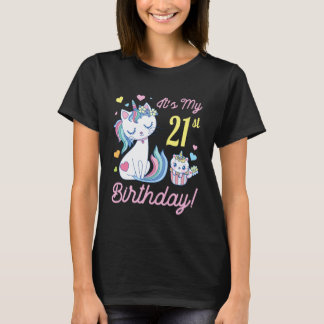 Flowers Cat 21 Years Old Happy Day Me It's My 21st T-Shirt