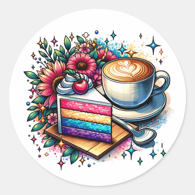 Flowers, Coffee and Rainbow Cake   Classic Round Sticker (Front)