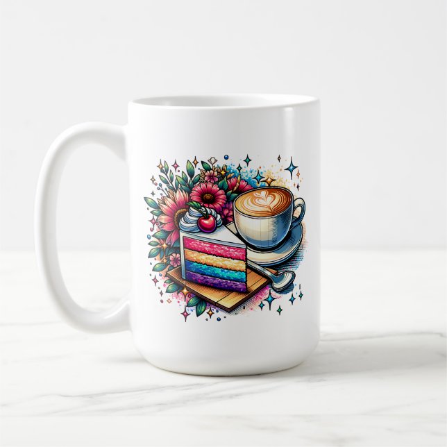 Flowers, Coffee and Rainbow Cake Personalised Coffee Mug (Left)