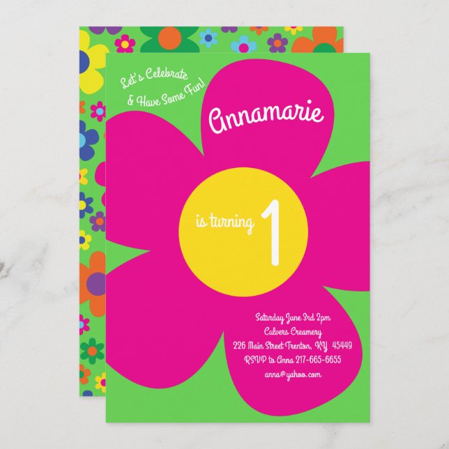 Flowers Colourful 1st Birthday Cute Invitations (Front/Back)