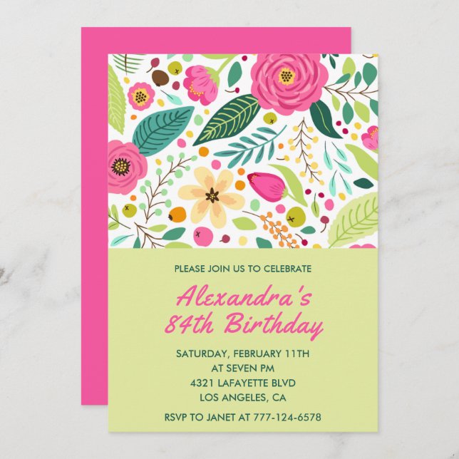 Flowers Colourful Simple 84th birthday invitations (Front/Back)