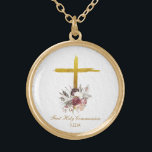 *~* Flowers Communion AP35 Christian Confirmation Gold Plated Necklace<br><div class="desc">(( search id AP35 for similar designs and AP40 )) Flowers Floral Bouquet of Flowers at the base of a rustic plain Gold Jesus Cross. Remove , resize and edit whatever elements you want and can. Convert the design for any good vibe purpose you want. Transfer it to any Zazzle...</div>