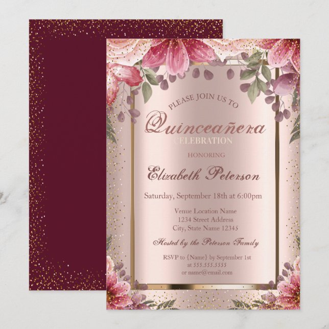 Flowers Confetti Rose Gold,Burgundy  Quinceañera Invitation (Front/Back)