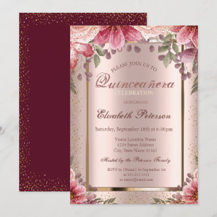 Flowers Confetti Rose Gold,Burgundy  Quinceañera Invitation