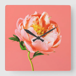 Flowers   Coral Peony Blossom Square Wall Clock