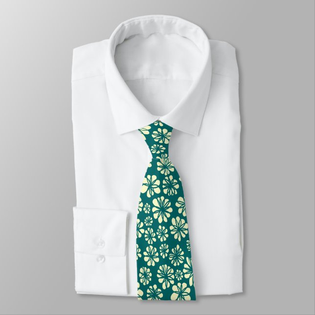 Flowers - Cream on Moss Green Tie (Tied)
