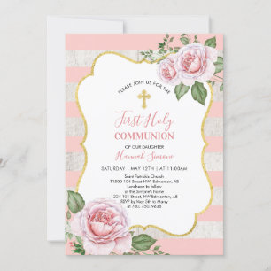 Flowers & Cross   Girl First Holy Communion Invitation