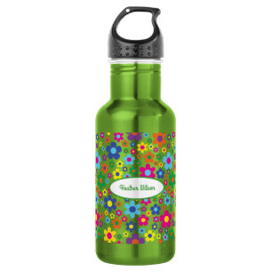 Flowers Cute Kids Water Bottle with Name Green