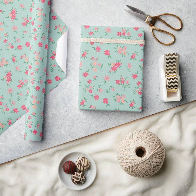 Flowers Dainty Pink Teal Wrapping Paper (Crafts)