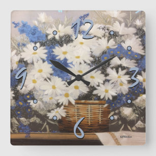 Flowers Daisies Floral Fabric Art Square Wall Clock