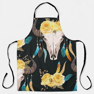 Flowers Decorated Buffalo Skull Seamless Apron