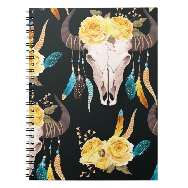 Flowers Decorated Buffalo Skull Seamless Notebook (Front)