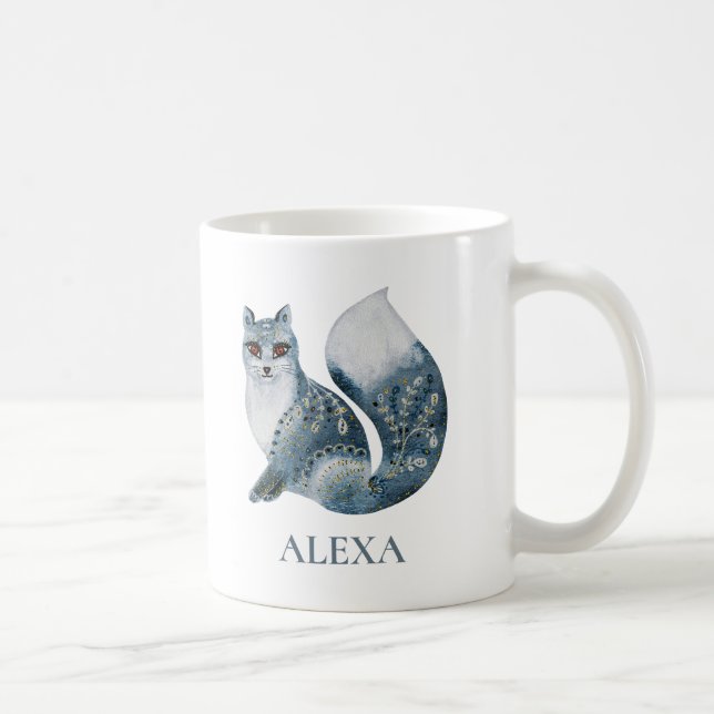 Flowers decorated cute grey fox monogram coffee mug (Right)