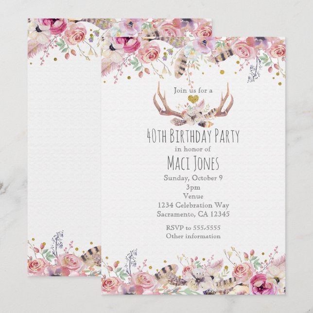 Flowers & Deer Antlers Birthday Party Invitations (Front/Back)