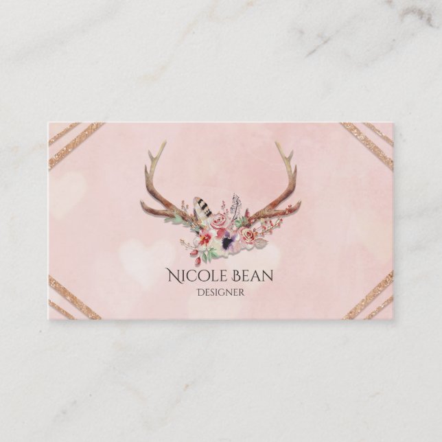 Flowers & Deer Antlers Boho Chic Glam Business Card (Front)