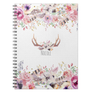 Flowers & Deer Antlers Rustic Country Personalised Notebook