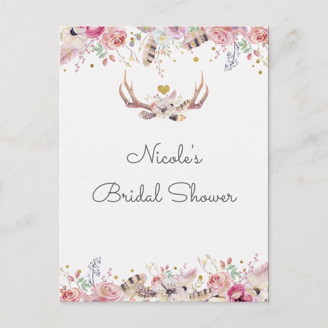 Flowers & Deer Antlers Rustic Save The Date Event Announcement Postcard (Front)