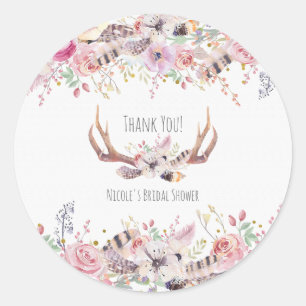 Flowers & Deer Antlers Rustic Wedding Favour Classic Round Sticker