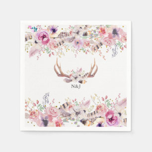 Flowers & Deer Antlers Rustic Wedding Party Event Napkin