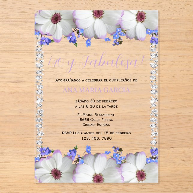 Flowers & Diamonds 40th Birthday Spanish Acrylic Invitations (Front)