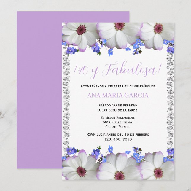 Flowers & Diamonds 40th Birthday Spanish Invitation (Front/Back)