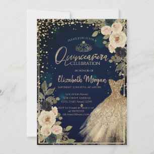 Flowers,Diamonds,Dress Blue Quinceañera Invitation