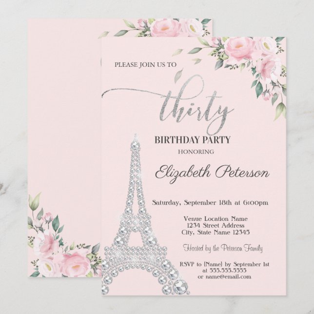 Flowers, Diamonds Eiffel Tower 30th Birthday Invitation (Front/Back)