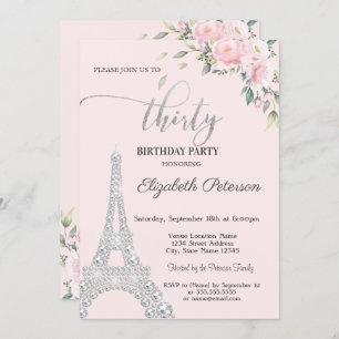 Flowers, Diamonds Eiffel Tower 30th Birthday Invitation