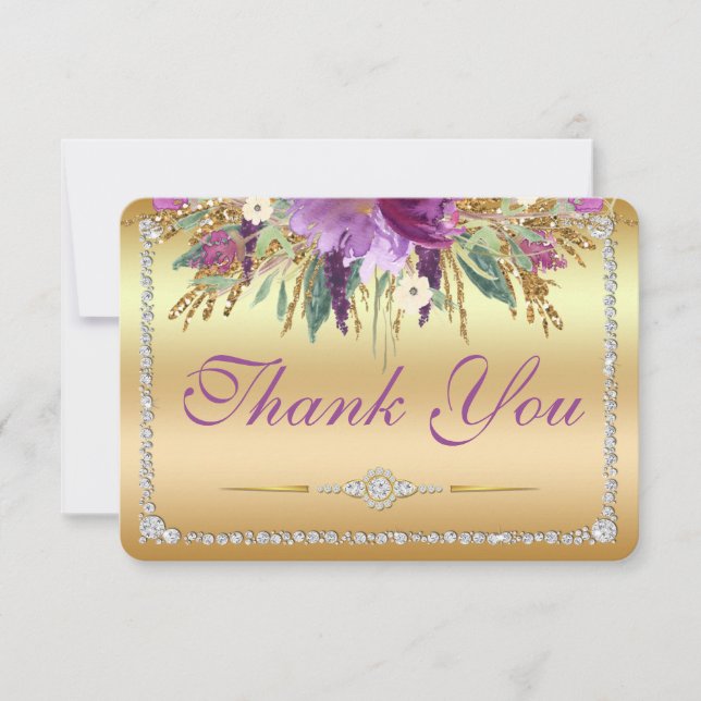 Flowers Diamonds Wedding Thank You Gold Card (Front)