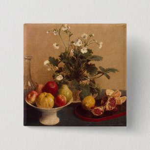 Flowers, dish with fruit and carafe, 1865 15 cm square badge