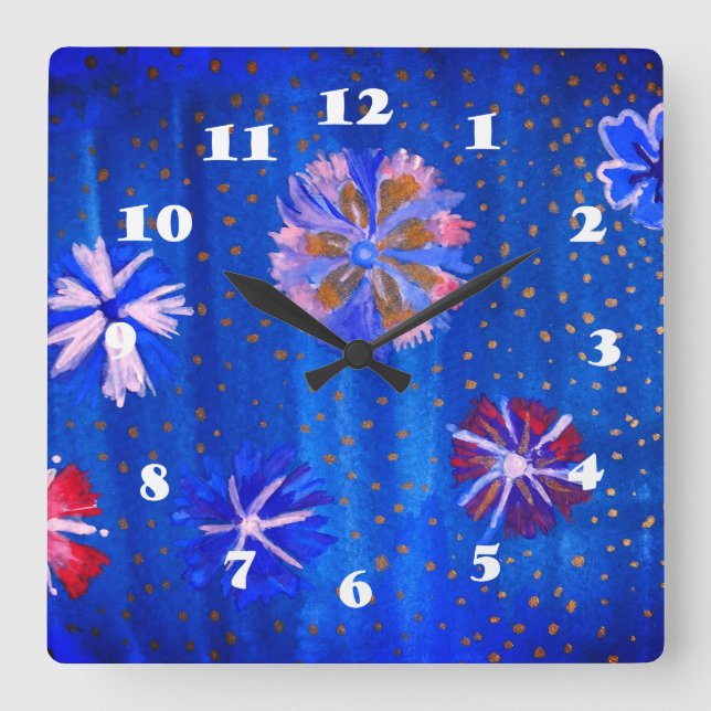 Flowers Drawing Blue Summer Square Wall Clock (Front)