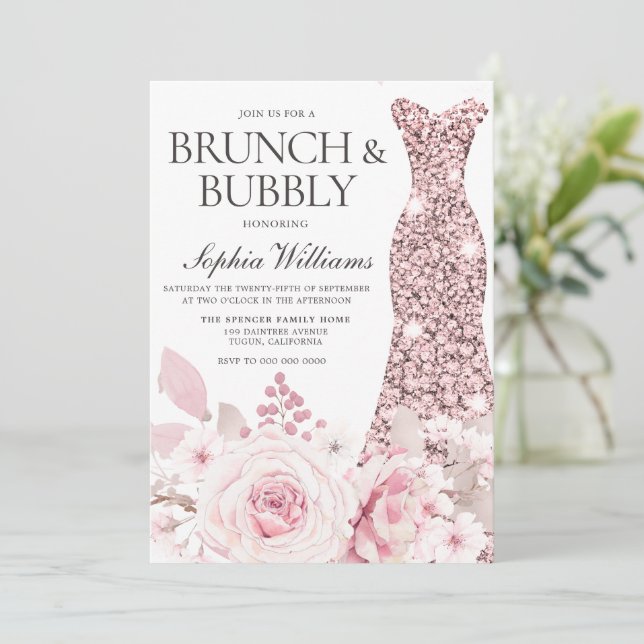 Flowers & Dress Bridal Shower Brunch & Bubbly Invitation (Standing Front)