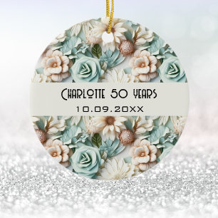 Flowers dusty green cream birthday name ceramic tree decoration