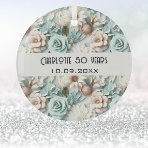Flowers dusty green cream birthday name glass tree decoration