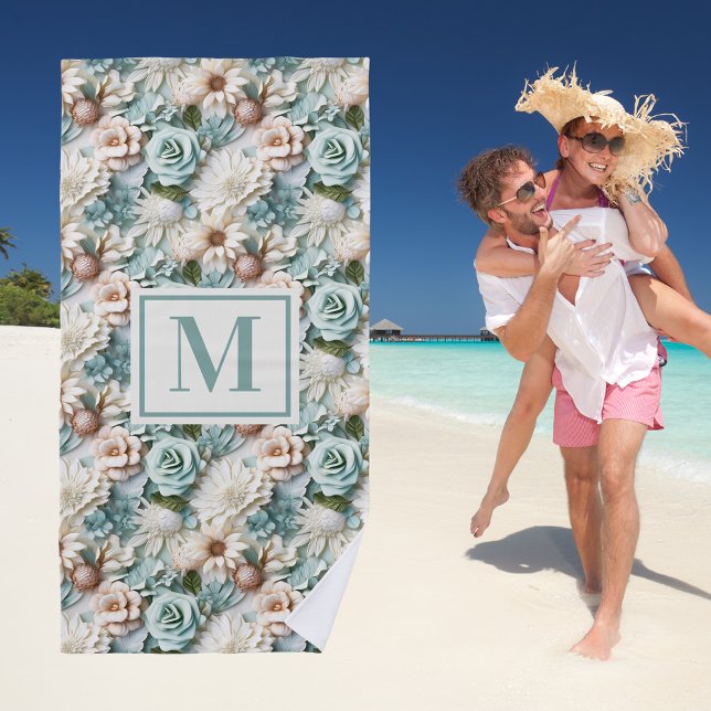 Flowers dusty green cream monogram initial beach towel (Creator Uploaded)