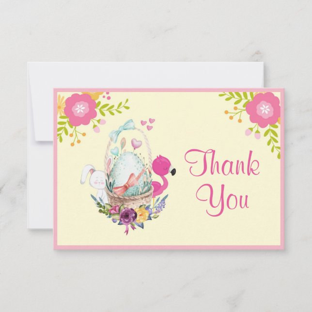 Flowers, Egg, Flamingo & Bunny Watercolor Thanks Invitation (Front)