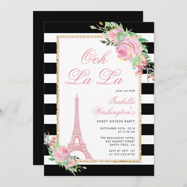 Flowers & Eiffel Tower Birthday Party Invitation (Front/Back)